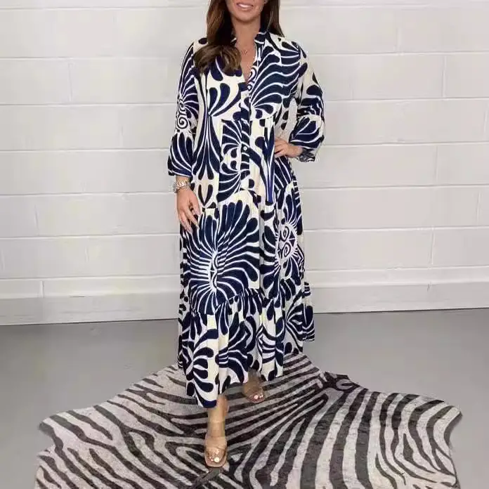 2024 Printed V-neck Nine-sleeve Long Dress - Image 6