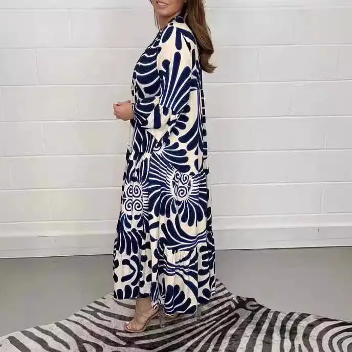 2024 Printed V-neck Nine-sleeve Long Dress - Image 7