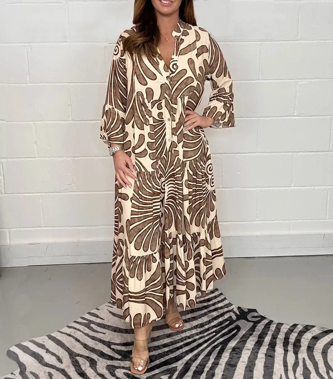 2024 Printed V-neck Nine-sleeve Long Dress - Image 3
