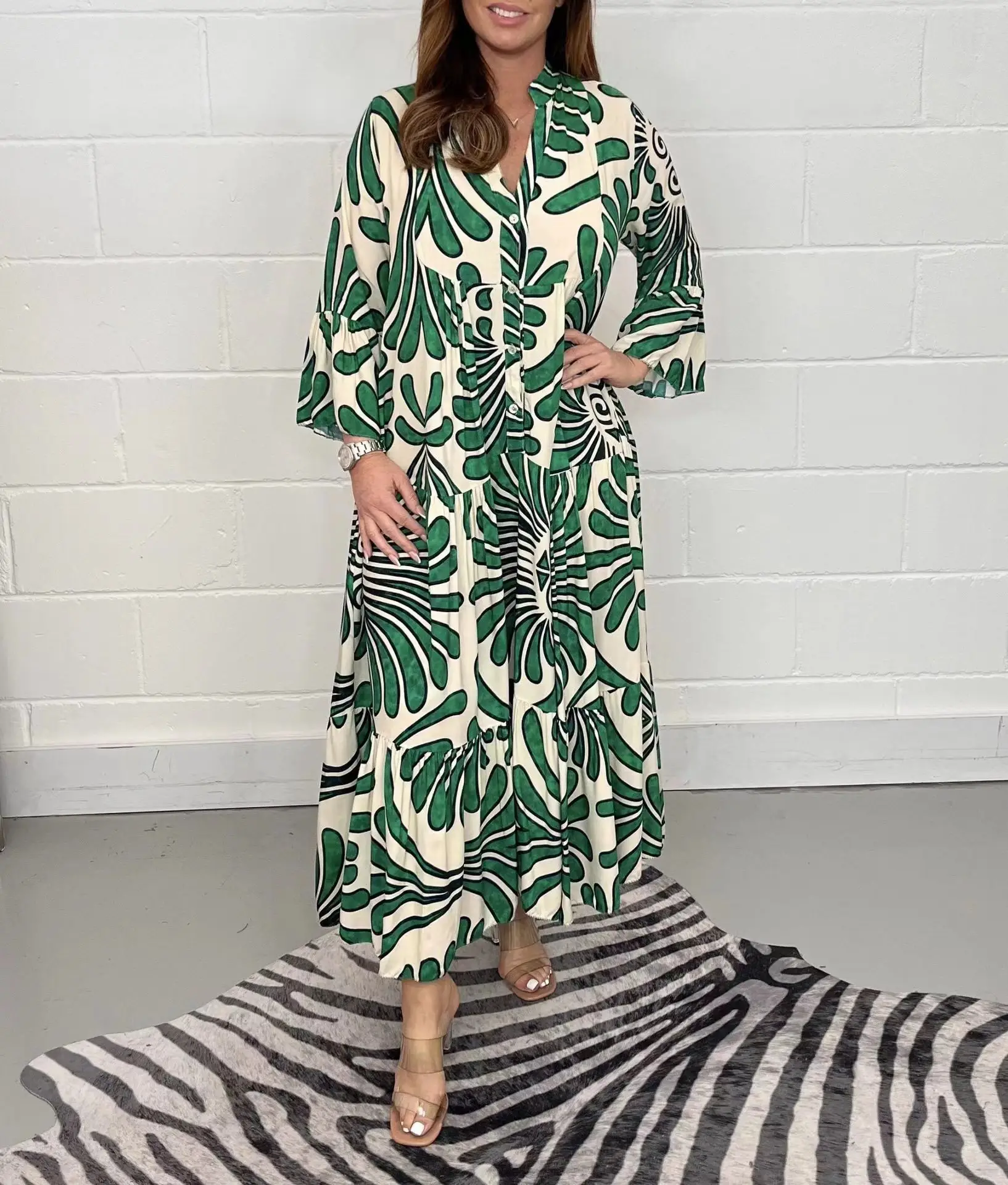2024 Printed V-neck Nine-sleeve Long Dress - Image 2