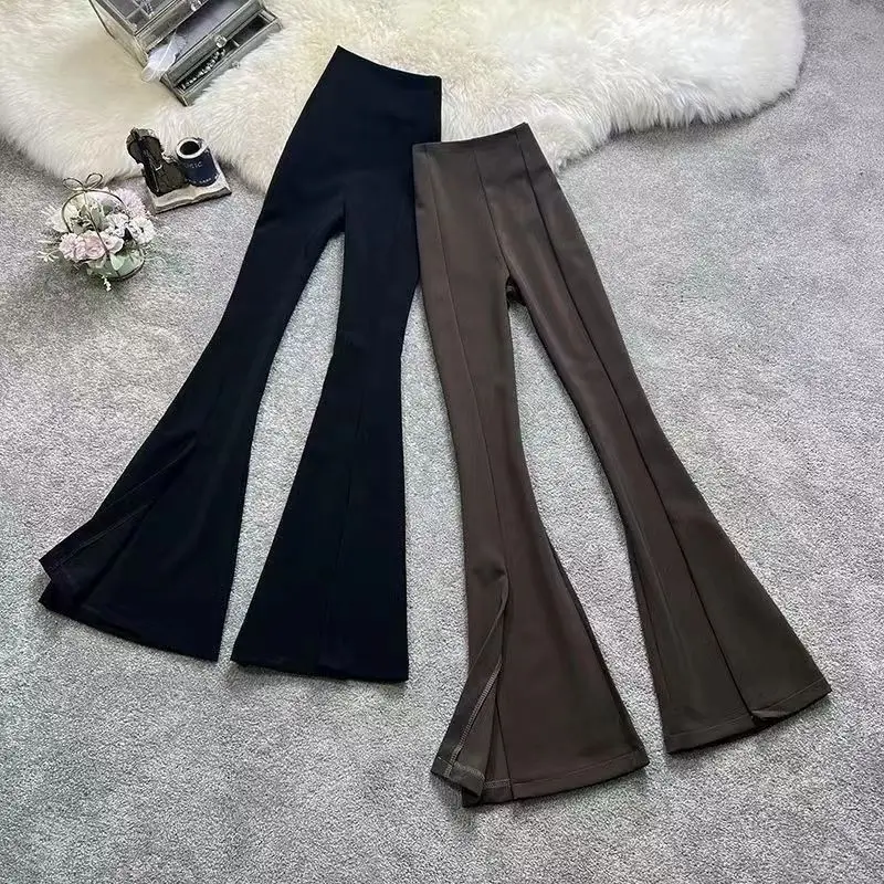 Women Split Flared Slim Fit High Waist Pants Black White