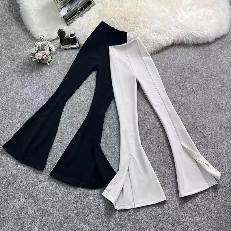 Women Split Flared Slim Fit High Waist Pants Black White