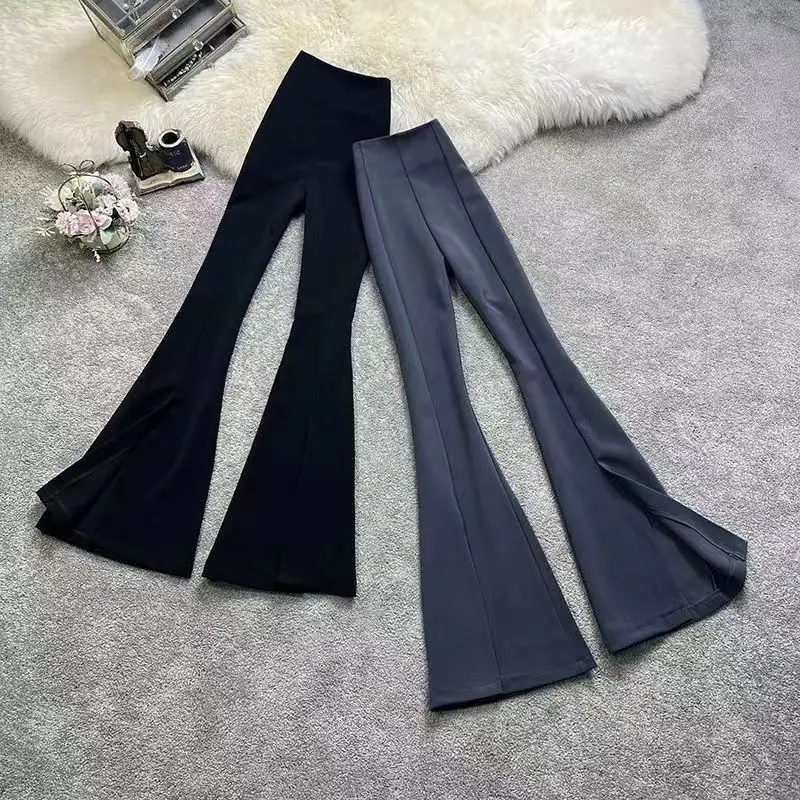 Women Split Flared Slim Fit High Waist Pants Black White