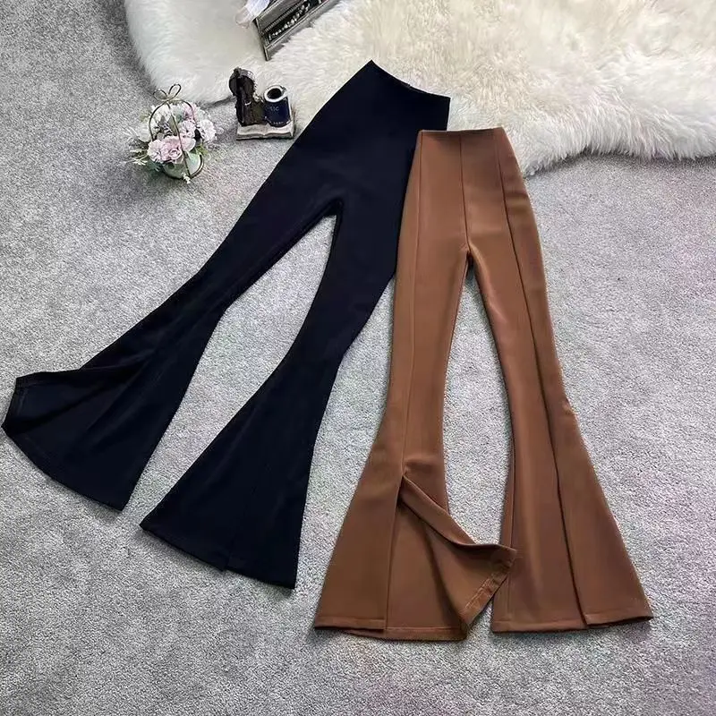 Women Split Flared Slim Fit High Waist Pants Black White