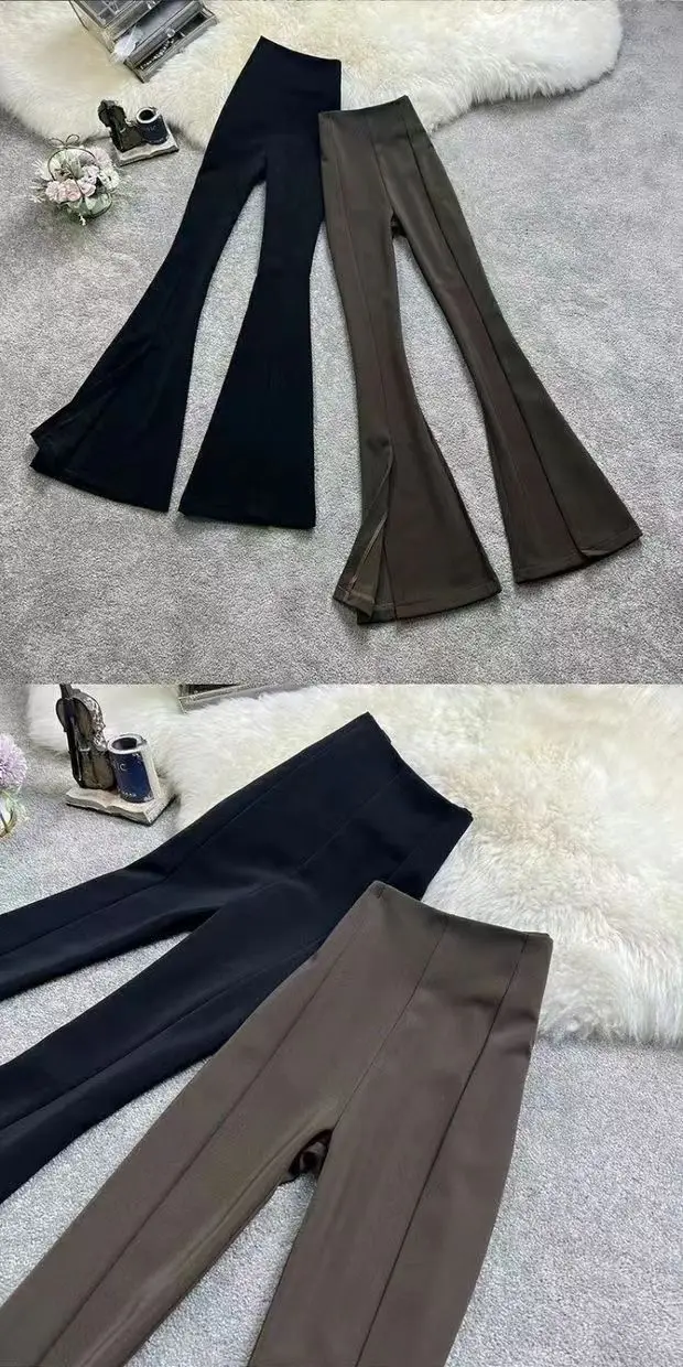 Women Split Flared Slim Fit High Waist Pants Black White — feature 12