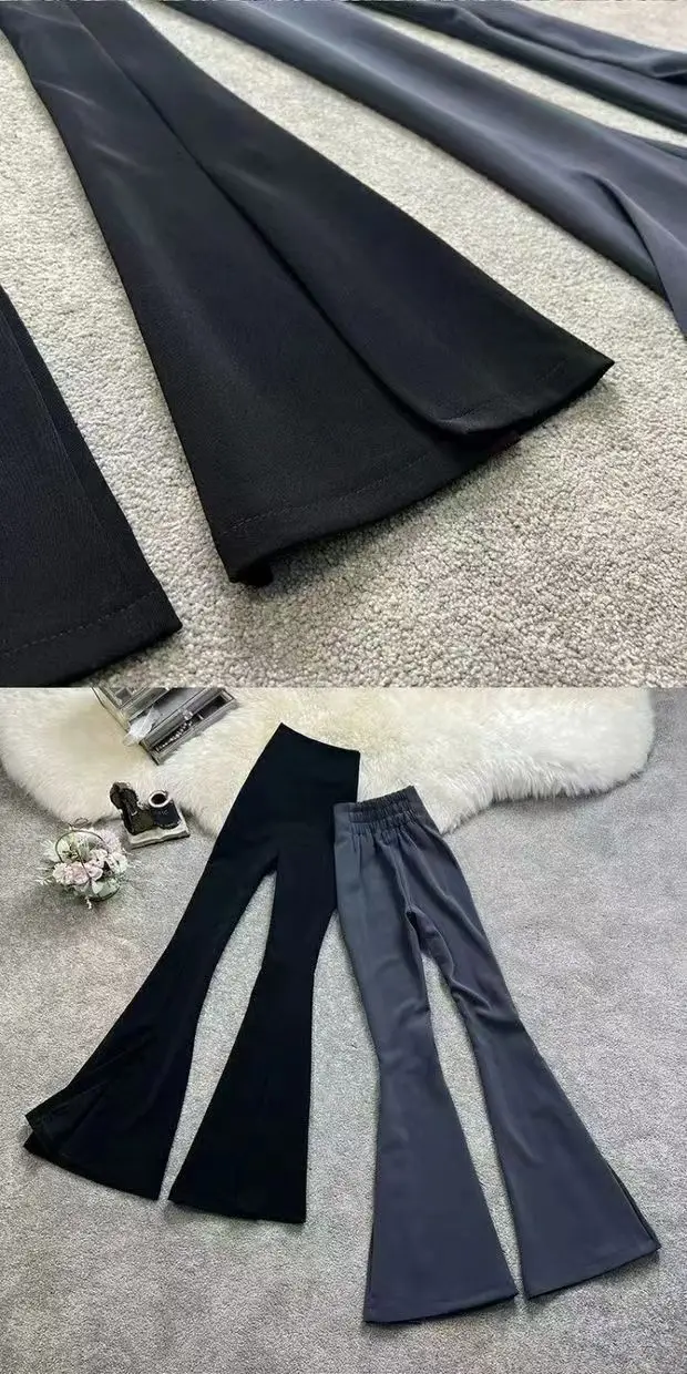 Women Split Flared Slim Fit High Waist Pants Black White — feature 13