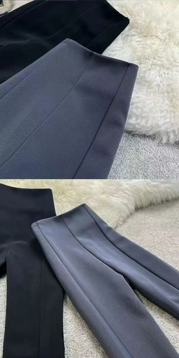 Women Split Flared Slim Fit High Waist Pants Black White — feature 15