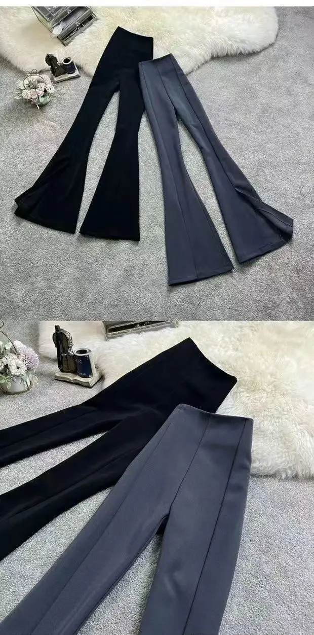 Women Split Flared Slim Fit High Waist Pants Black White — feature 16