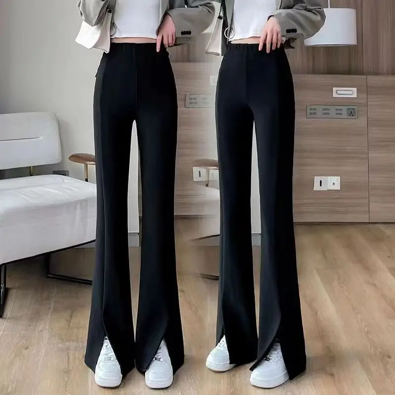Women Split Flared Slim Fit High Waist Pants Black White — feature 2