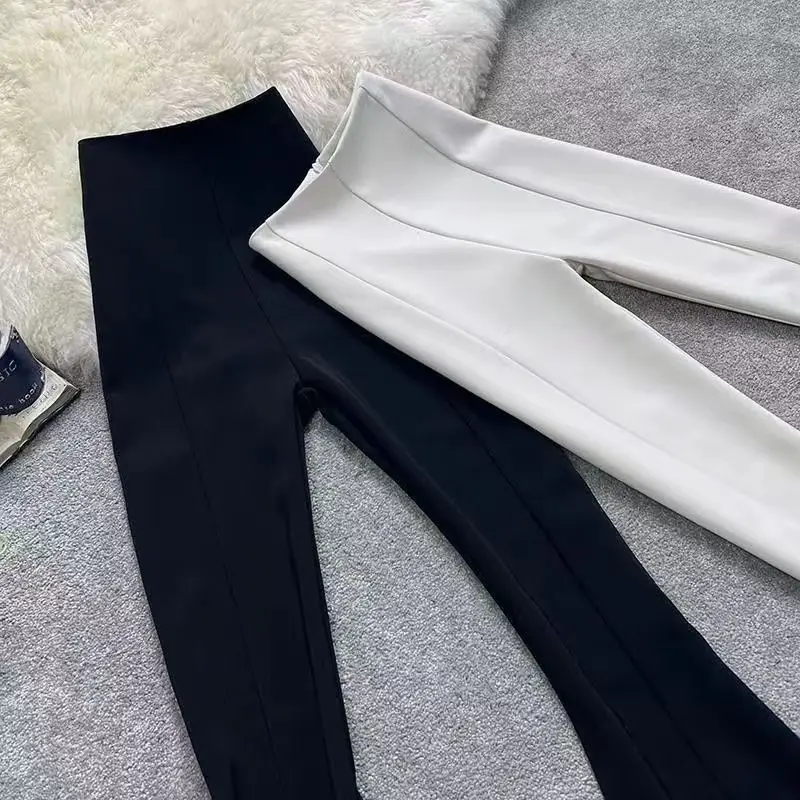 Women Split Flared Slim Fit High Waist Pants Black White — feature 8