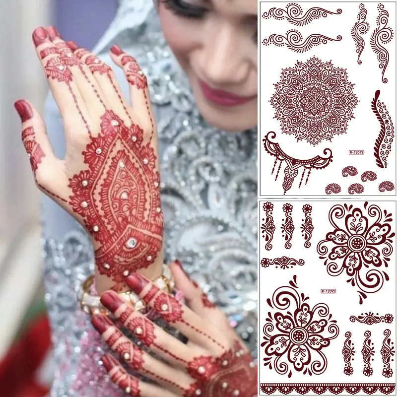 Zhengxiang New Cross-Border Brown Lace Tattoo Stickers Waterproof Floral Indian Henna Art Tattoo Amazon