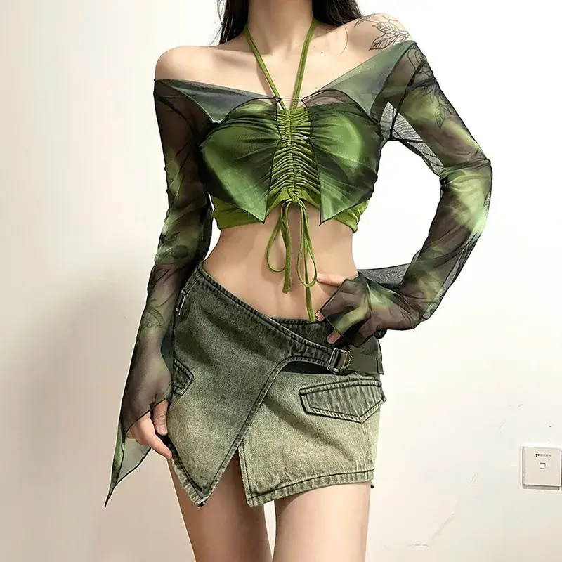 Green Printed Long Sleeve Blouse & Shorts Set for Women - Image 4