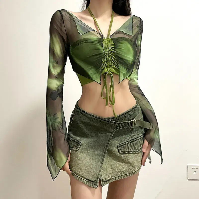 Green Printed Long Sleeve Blouse & Shorts Set for Women - Image 5