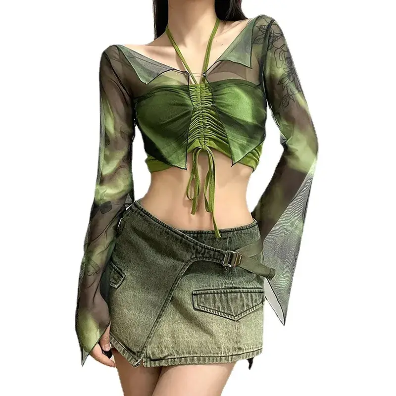 Green Printed Long Sleeve Blouse & Shorts Set for Women - Image 6