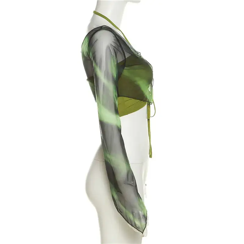 Green Printed Long Sleeve Blouse & Shorts Set for Women — feature 10