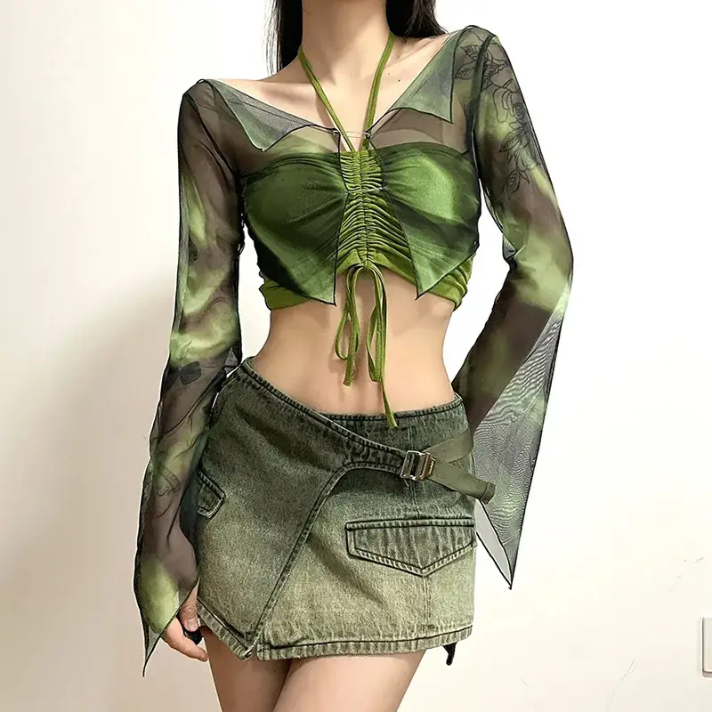 Green Printed Long Sleeve Blouse & Shorts Set for Women — feature 5