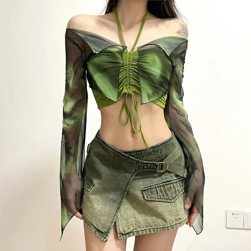 Green Printed Long Sleeve Blouse & Shorts Set for Women — feature 7
