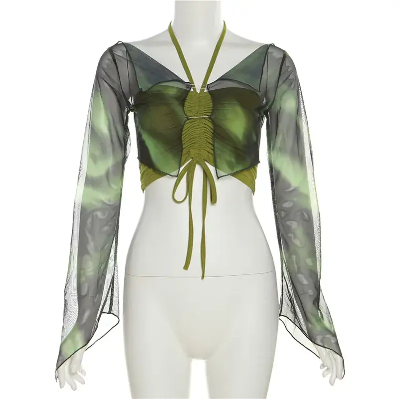 Green Printed Long Sleeve Blouse & Shorts Set for Women — feature 9