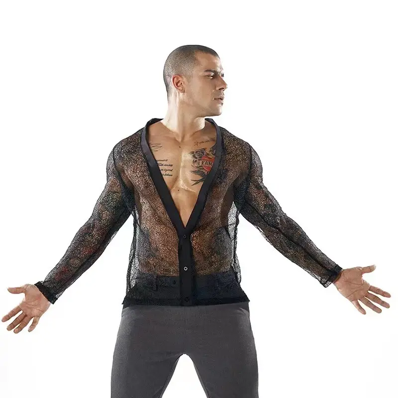 Men's Transparent Mesh Long Sleeve POLO Cardigan Summer - Image 2