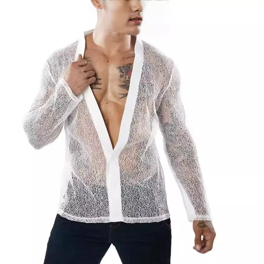 Men's Transparent Mesh Long Sleeve POLO Cardigan Summer - Image 4