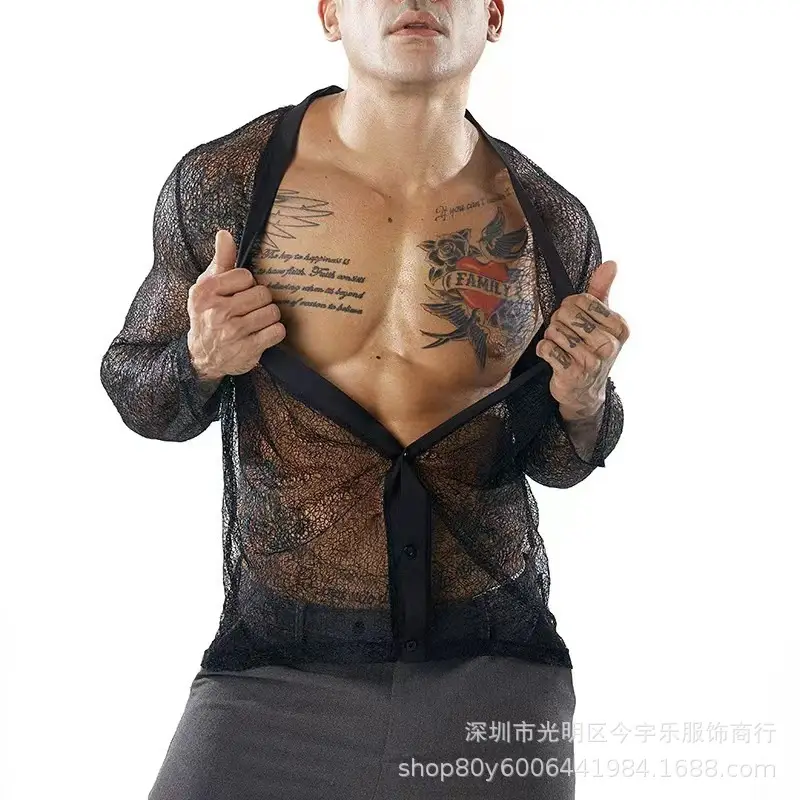 Men's Transparent Mesh Long Sleeve POLO Cardigan Summer - Image 5