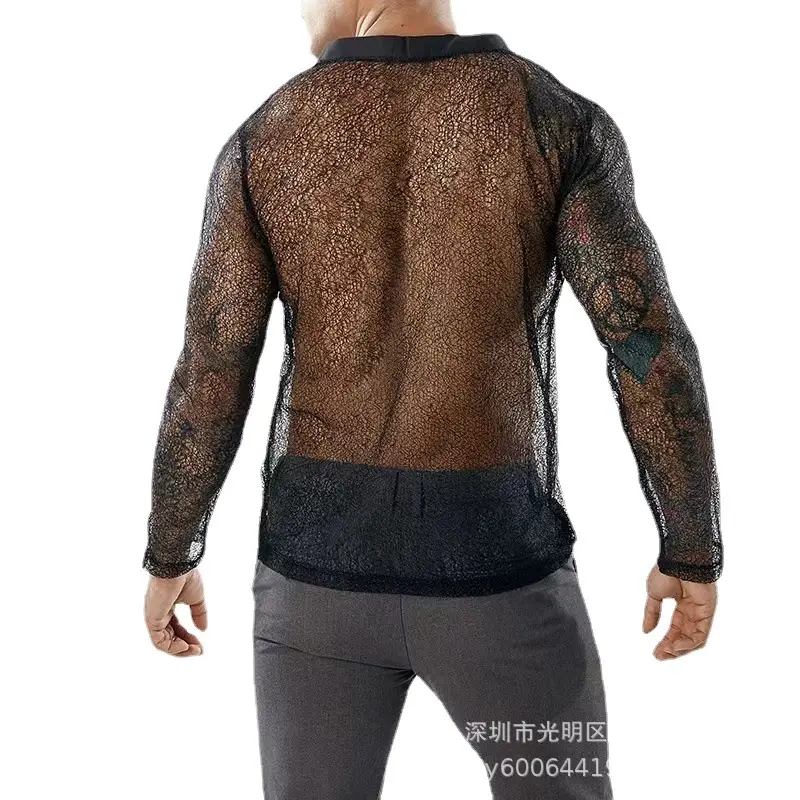 Men's Transparent Mesh Long Sleeve POLO Cardigan Summer - Image 6