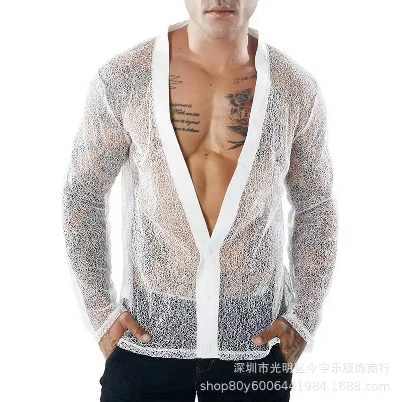Men's Transparent Mesh Long Sleeve POLO Cardigan Summer — feature 1