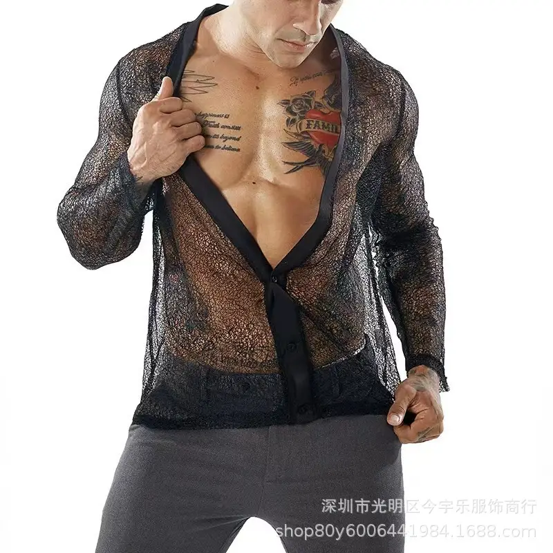 Men's Transparent Mesh Long Sleeve POLO Cardigan Summer — feature 12