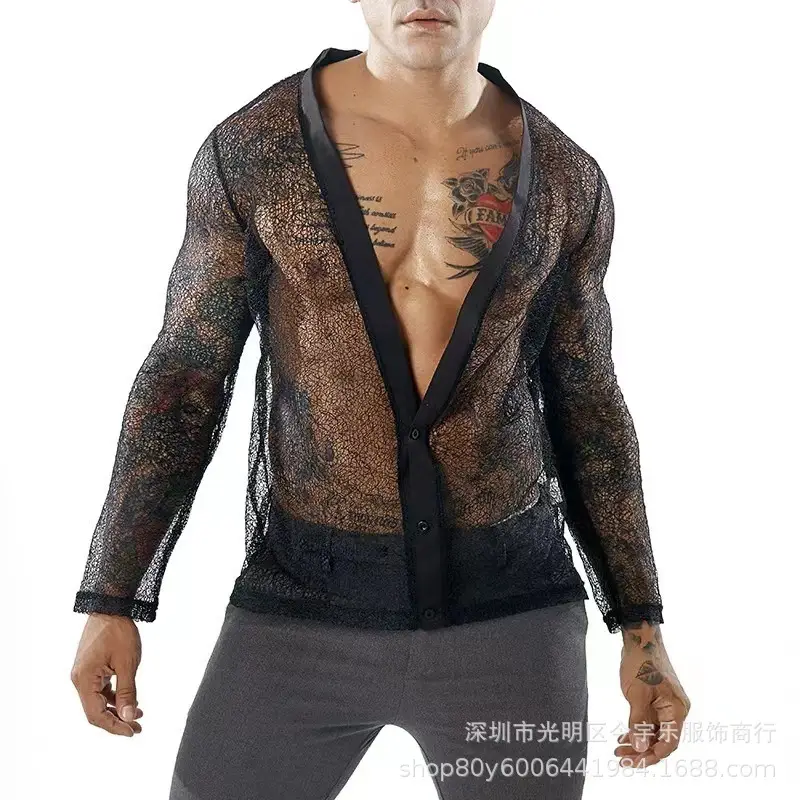 Men's Transparent Mesh Long Sleeve POLO Cardigan Summer — feature 13