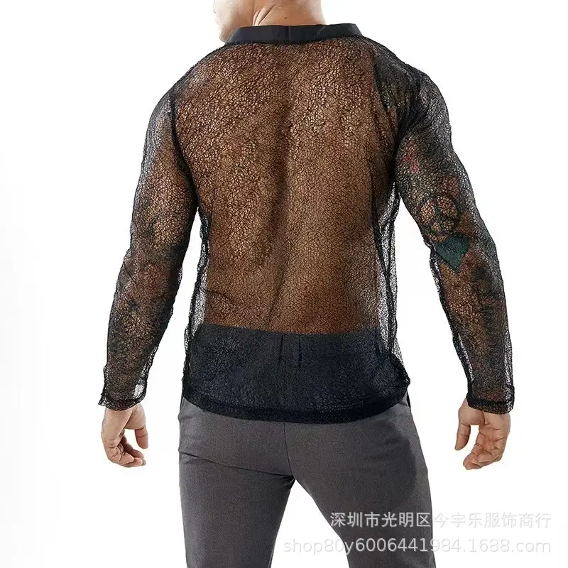 Men's Transparent Mesh Long Sleeve POLO Cardigan Summer — feature 14