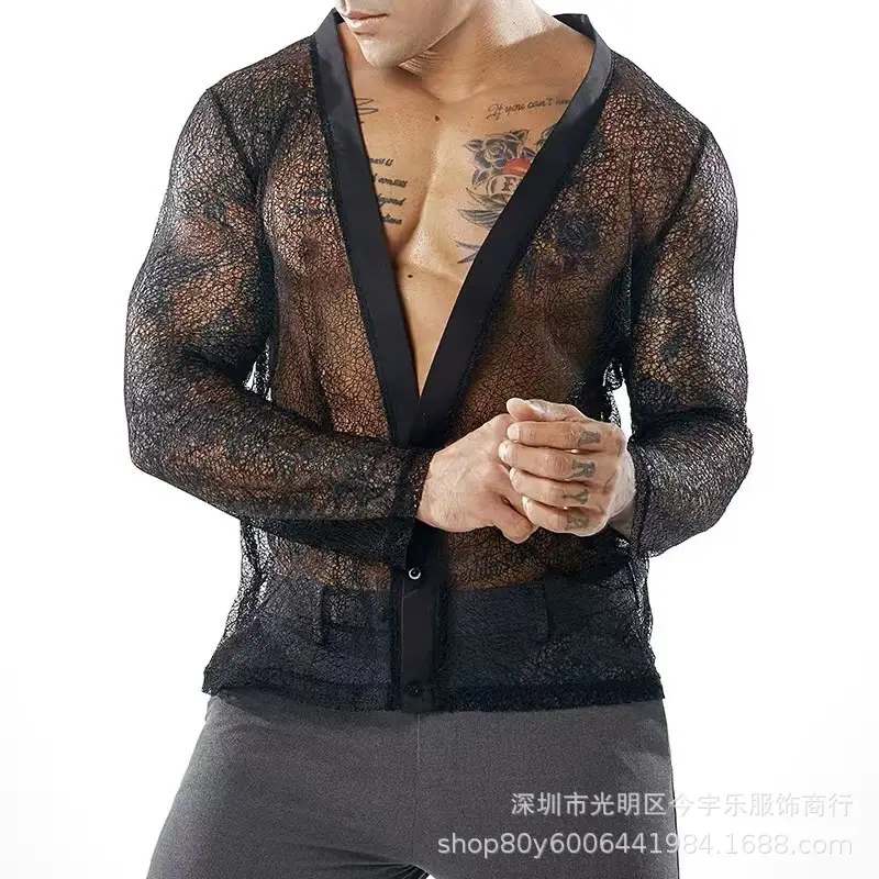 Men's Transparent Mesh Long Sleeve POLO Cardigan Summer — feature 15