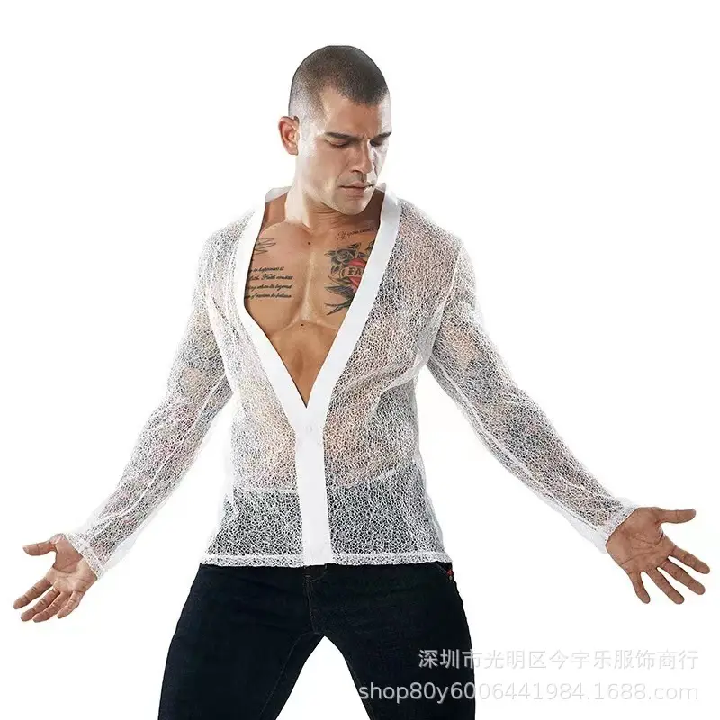 Men's Transparent Mesh Long Sleeve POLO Cardigan Summer — feature 3