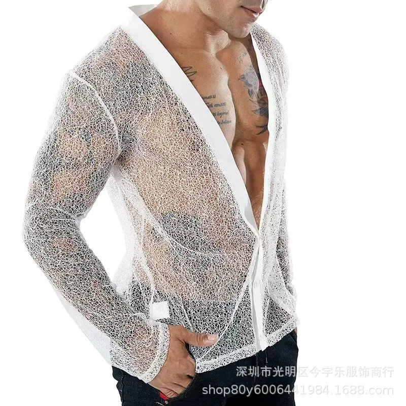 Men's Transparent Mesh Long Sleeve POLO Cardigan Summer — feature 4