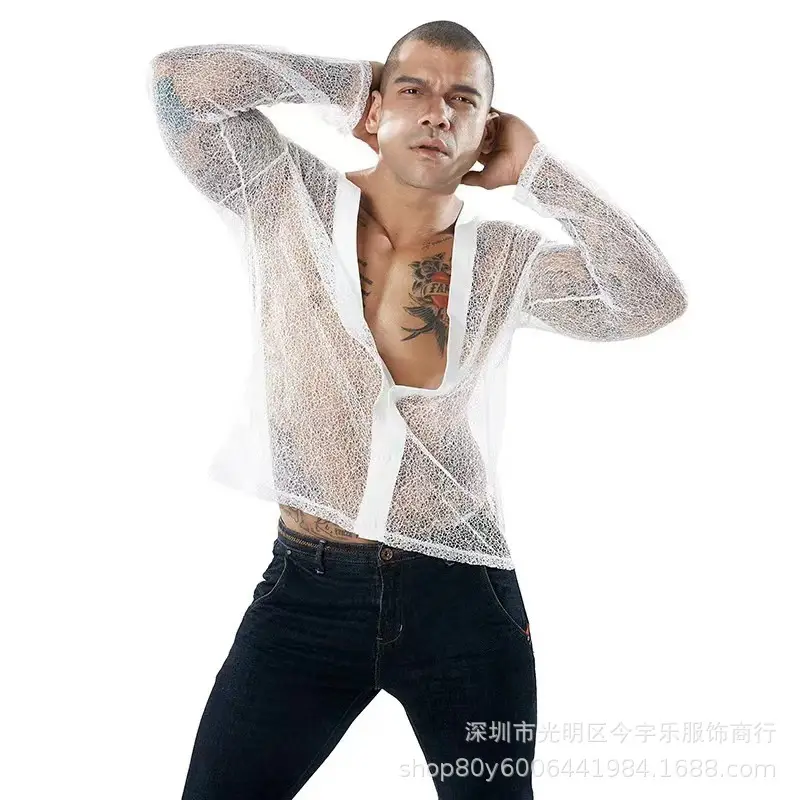 Men's Transparent Mesh Long Sleeve POLO Cardigan Summer — feature 5