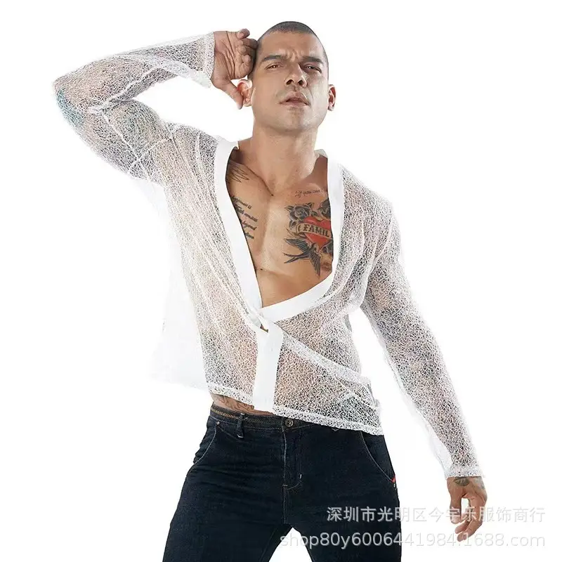 Men's Transparent Mesh Long Sleeve POLO Cardigan Summer — feature 6