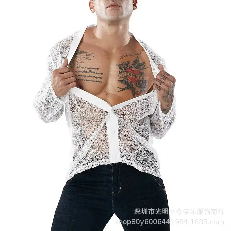 Men's Transparent Mesh Long Sleeve POLO Cardigan Summer — feature 7