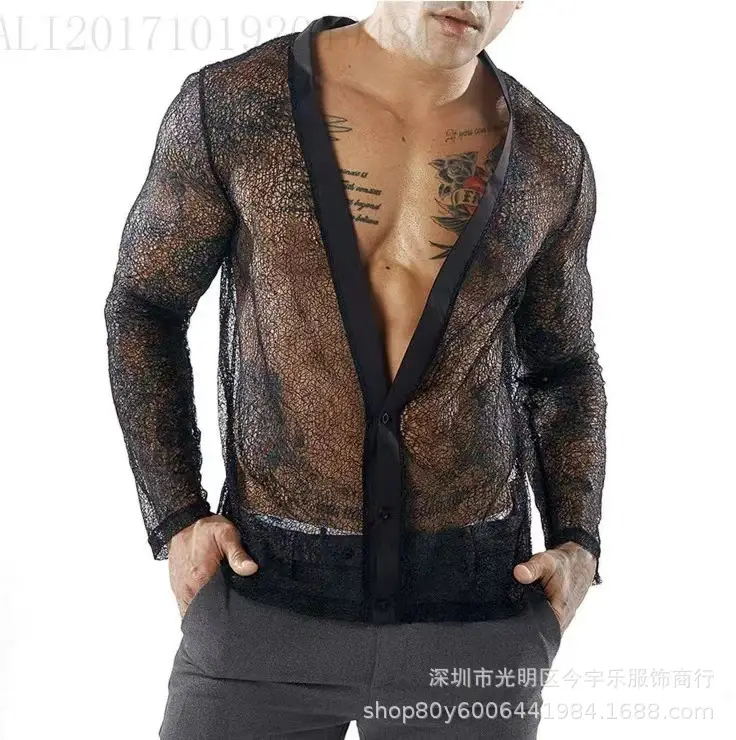 Men's Transparent Mesh Long Sleeve POLO Cardigan Summer — feature 8