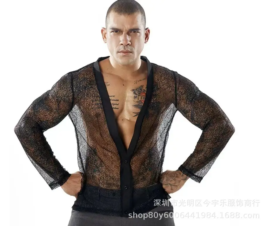 Men's Transparent Mesh Long Sleeve POLO Cardigan Summer — feature 9