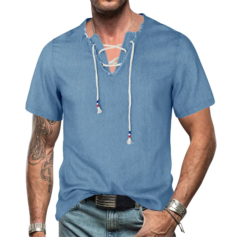 2023 Men's Blue Denim V-Neck T-Shirt with Lace-Up Cord - Image 4