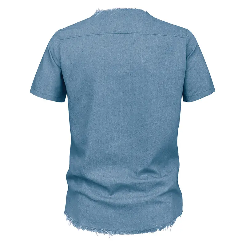 2023 Men's Blue Denim V-Neck T-Shirt with Lace-Up Cord - Image 6