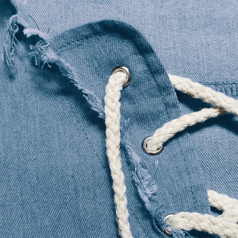 2023 Men's Blue Denim V-Neck T-Shirt with Lace-Up Cord - Image 7