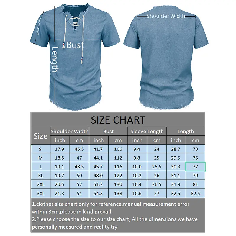 2023 Men's Blue Denim V-Neck T-Shirt with Lace-Up Cord — feature 1
