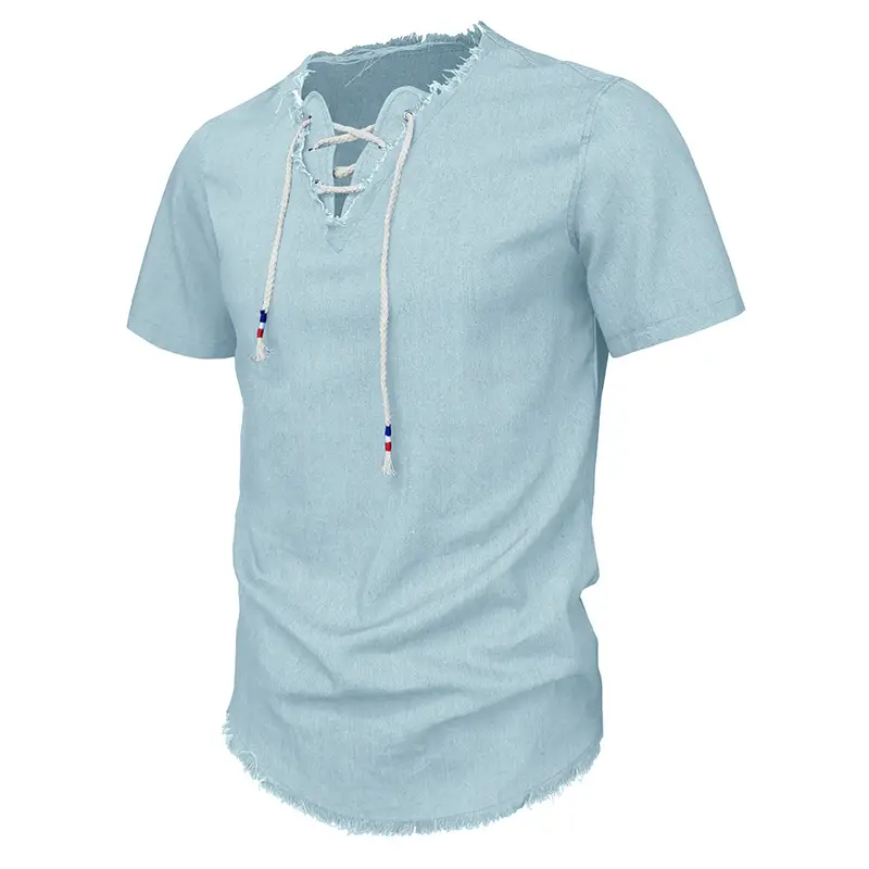 2023 Men's Blue Denim V-Neck T-Shirt with Lace-Up Cord — feature 10