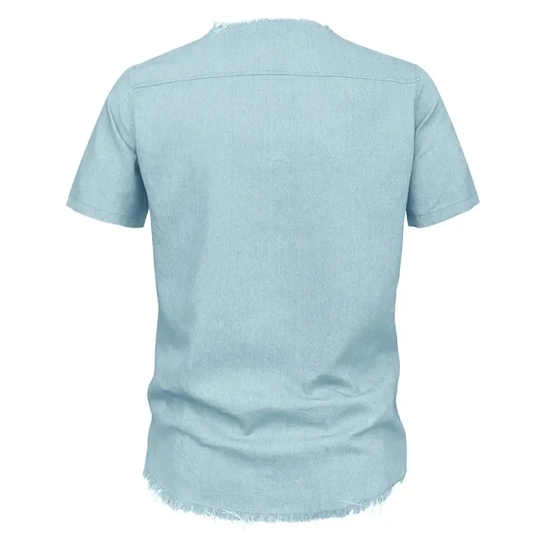 2023 Men's Blue Denim V-Neck T-Shirt with Lace-Up Cord — feature 11