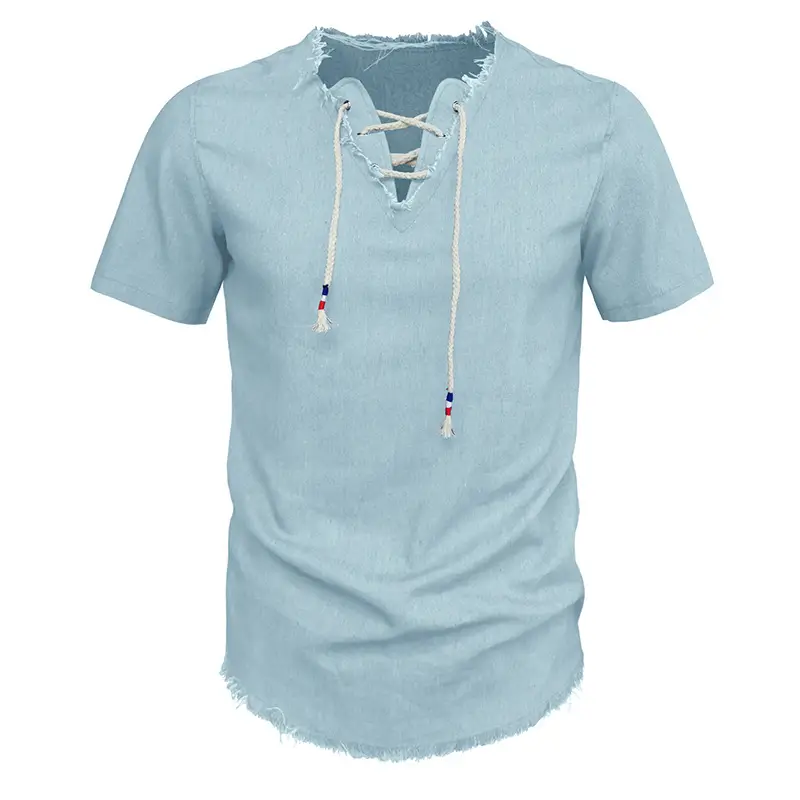 2023 Men's Blue Denim V-Neck T-Shirt with Lace-Up Cord — feature 12