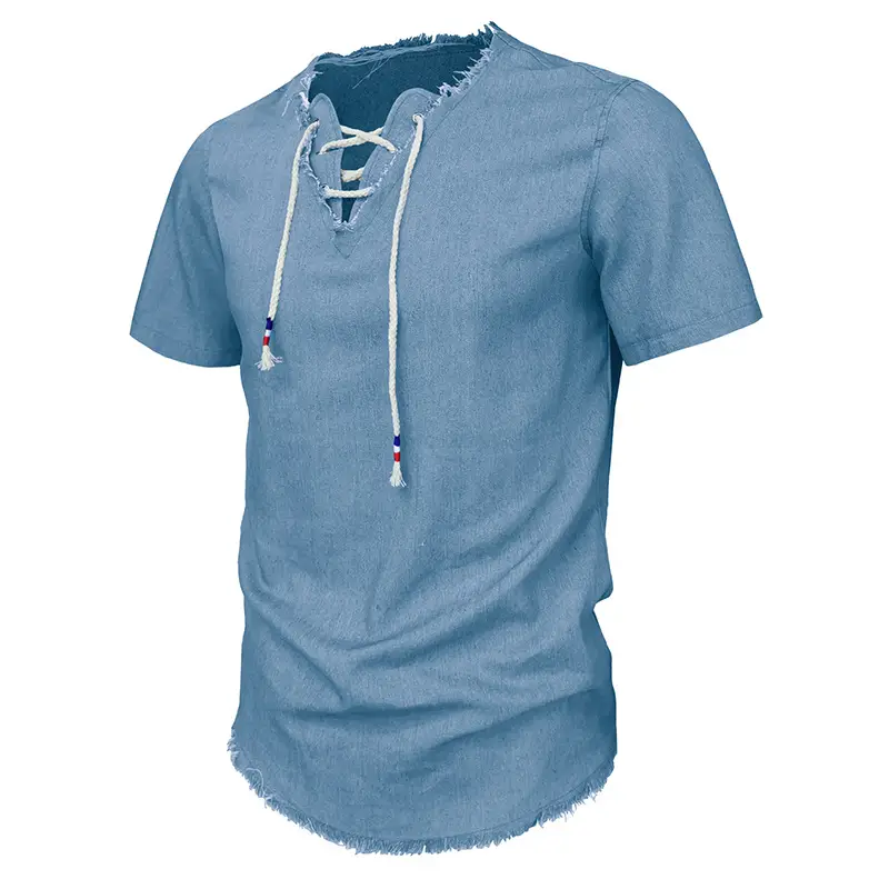 2023 Men's Blue Denim V-Neck T-Shirt with Lace-Up Cord — feature 17