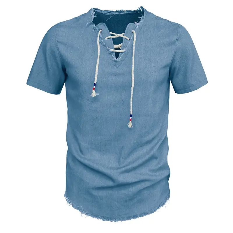 2023 Men's Blue Denim V-Neck T-Shirt with Lace-Up Cord — feature 19