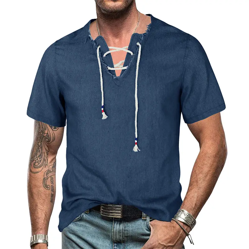 2023 Men's Blue Denim V-Neck T-Shirt with Lace-Up Cord — feature 2