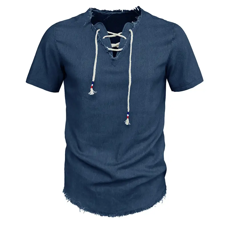 2023 Men's Blue Denim V-Neck T-Shirt with Lace-Up Cord — feature 3
