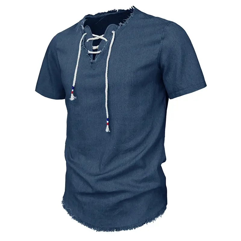 2023 Men's Blue Denim V-Neck T-Shirt with Lace-Up Cord — feature 4
